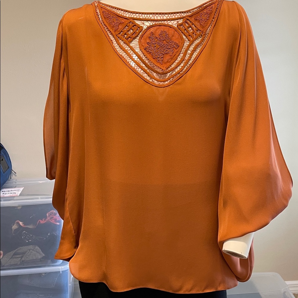 Haute Hippie Bronze Silk Chiffon Top Dolmam Sleeves Deep Embellished V-Neck M EC - Picture 7 of 15